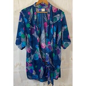 Vintage 80s 90s Abstract Modern Blue Sheer Top Duster Coverup Boho Retro Beachy